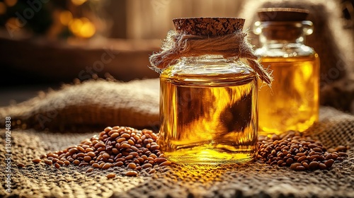 Rustic flaxseed oil in glass bottles, burlap background, warm light