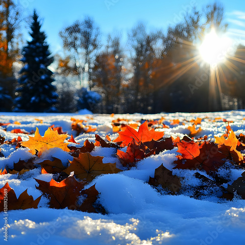 Photo Autumn Leaves Snow Su...