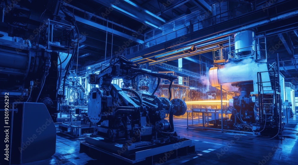 Fototapeta premium Industrial workshop showcasing advanced machinery and vibrant lighting during production