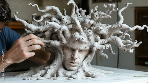 Crafting an intricate sculpture of a human face intertwined with twisted tree branches in a studio setting