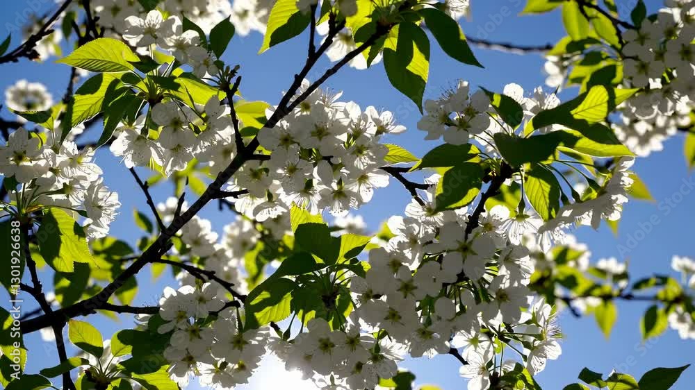 Cherry blossoms with green leaves under a blue sky, natural beauty and serenity Cherry blossoms with green leaves under a blue sky, natural beauty and serenity