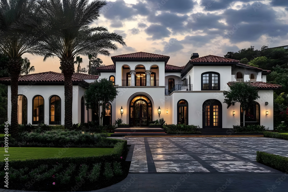 Photo - Luxury Home Exterior Design, Architecture, Landscaping, Residential, Evening, Palm Trees, White Walls, Tile Roof, Driveway, Garden Photo - Luxury Home Exterior Design, Architecture, Landscaping, Residential, Evening, Palm Trees, White Walls, Tile Roof, Driveway, Garden