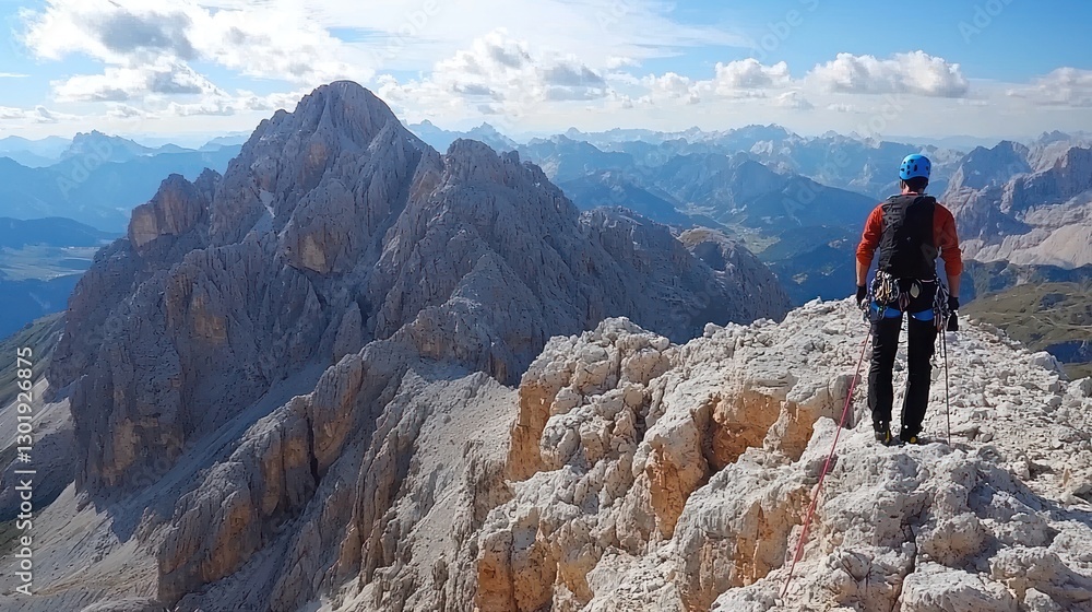 Fototapeta premium Climber on mountain summit overlooking vast panorama.