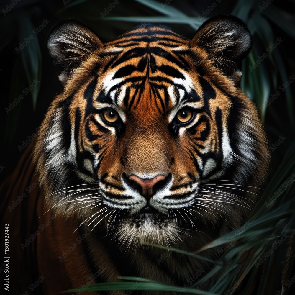 Fototapeta premium Majestic Tiger Portrait in Dark Green Foliage