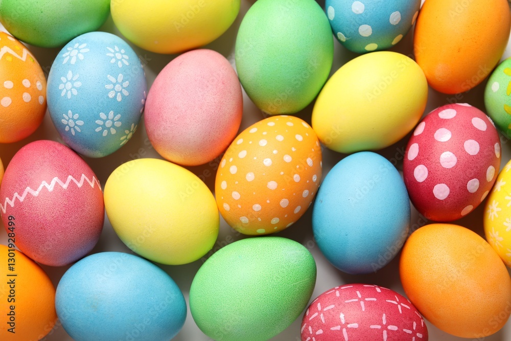 Beautiful decorated Easter eggs on light background, top view Beautiful decorated Easter eggs on light background, top view