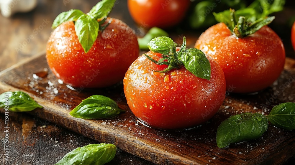 Fresh Tomatoes with Basil on Wooden Board, Kitchen Still Life Fresh Tomatoes with Basil on Wooden Board, Kitchen Still Life