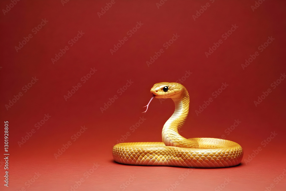 Fototapeta premium 3D Illustration Golden Snake Red Background Reptile Scales Tongue