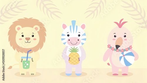 tropical summer animal clipart concept Cute cartoon animals: a lion, zebra, and bird with playful accessories against a soft background.