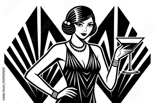 A stylish Art Deco illustration of a glamorous 1920s woman in a flapper dress, holding a cocktail, with a bold geometric background.