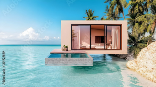 3D Illustration Tropical Beach House Ocean View Pool Palm Trees Sky Clouds
