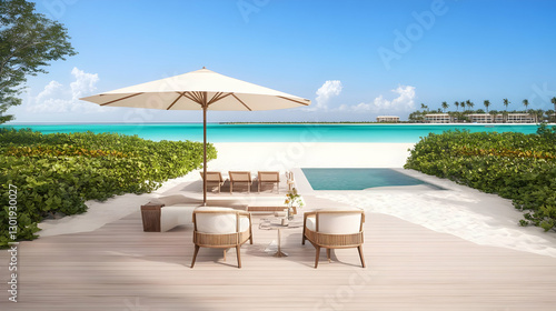 3D Illustration Tropical Beach Resort, Pool, Ocean View