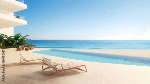 3D Illustration Ocean View Infinity Pool, Beach, Relaxation, Summer