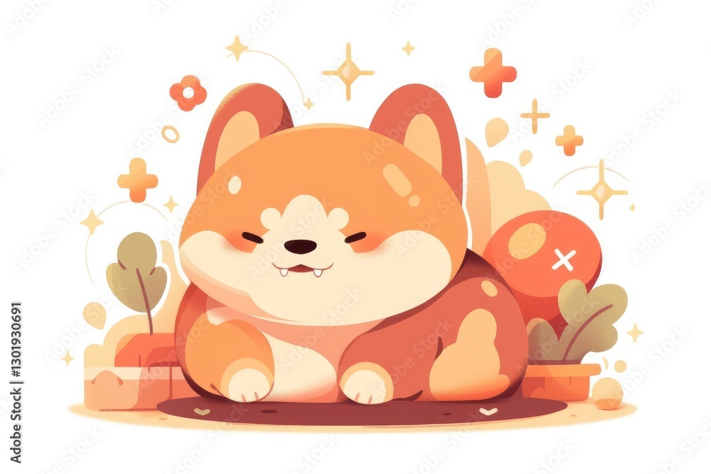 Cute and Playful Cartoon Corgi Dog Surrounded by Colorful Elements Cute and Playful Cartoon Corgi Dog Surrounded by Colorful Elements