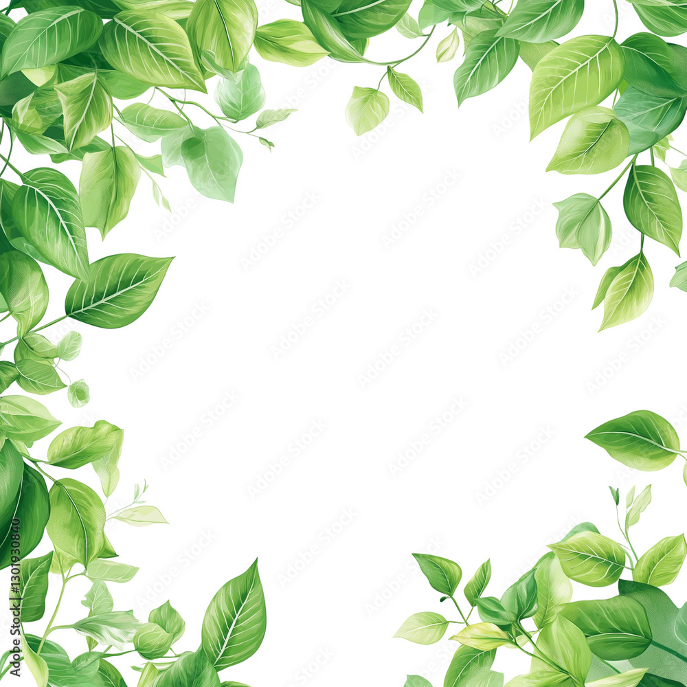 Fototapeta premium Green leaves border on a transparent background PNG