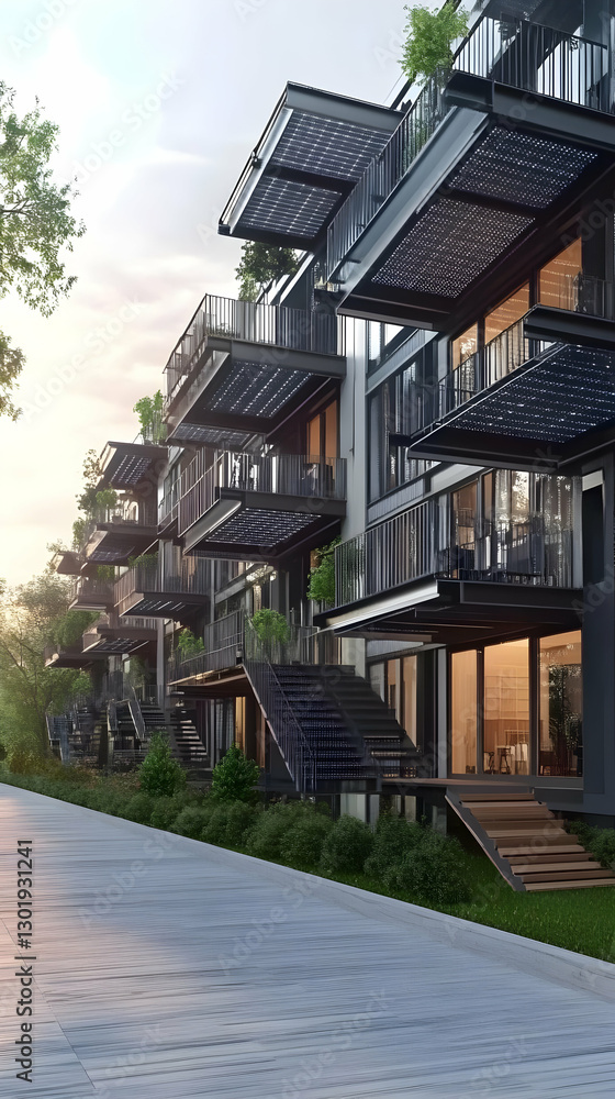 3D Illustration Modern Architecture Apartments Balconies Walkway Residential Building Dusk 3D Illustration Modern Architecture Apartments Balconies Walkway Residential Building Dusk