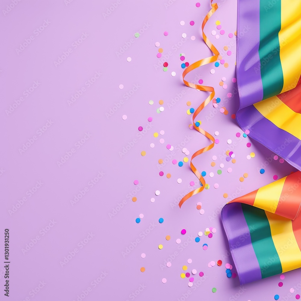 Fototapeta premium Colorful carnival party decoration with vibrant ribbons and confetti on a purple background