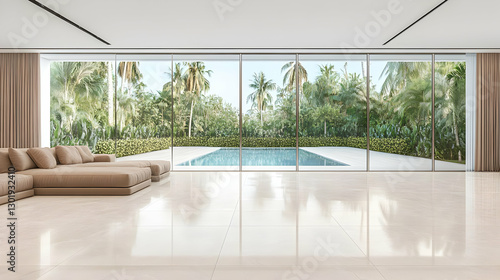 3D Illustration Modern Living Room, Pool, Tropical Garden View