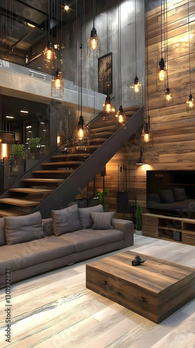 Wallpaper Mural Illustration - Modern Interior Design Living Room, Sofa, Stairs, Wood, Lights Torontodigital.ca