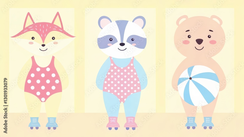 tropical summer animal clipart concept Three cute animal characters in swimsuits roller skating on a colorful background. tropical summer animal clipart concept Three cute animal characters in swimsuits roller skating on a colorful background.