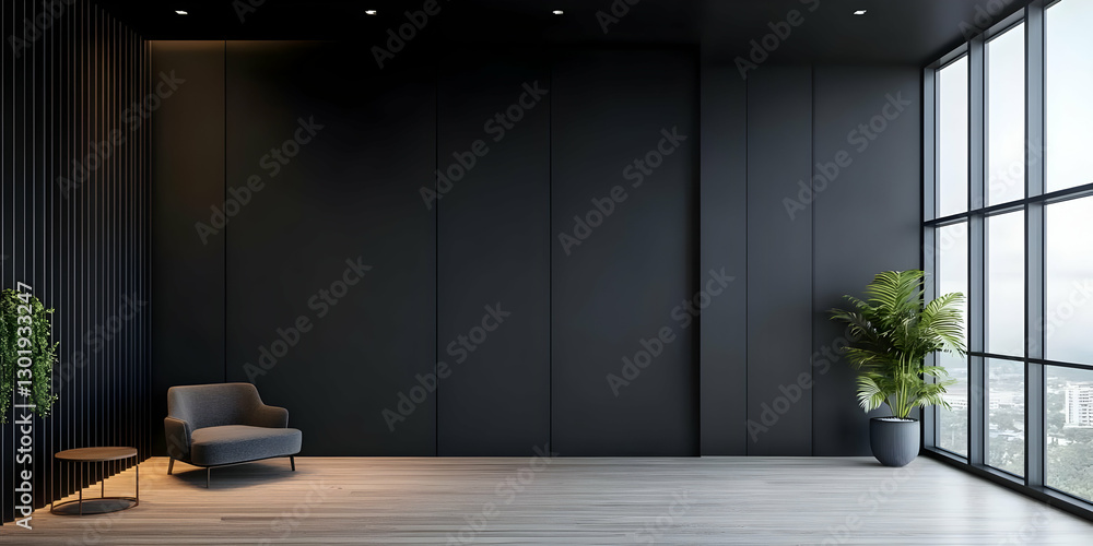 Fototapeta premium 3D Illustration Modern Interior Design Empty Room Black Walls Potted Plants
