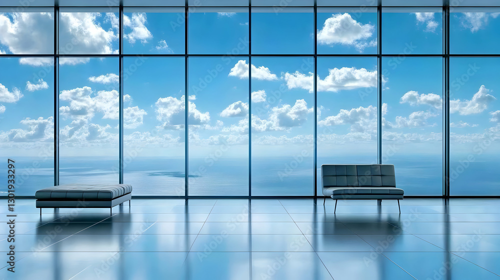 Fototapeta premium 3D Illustration Modern Interior Ocean View Room Clouds Sky
