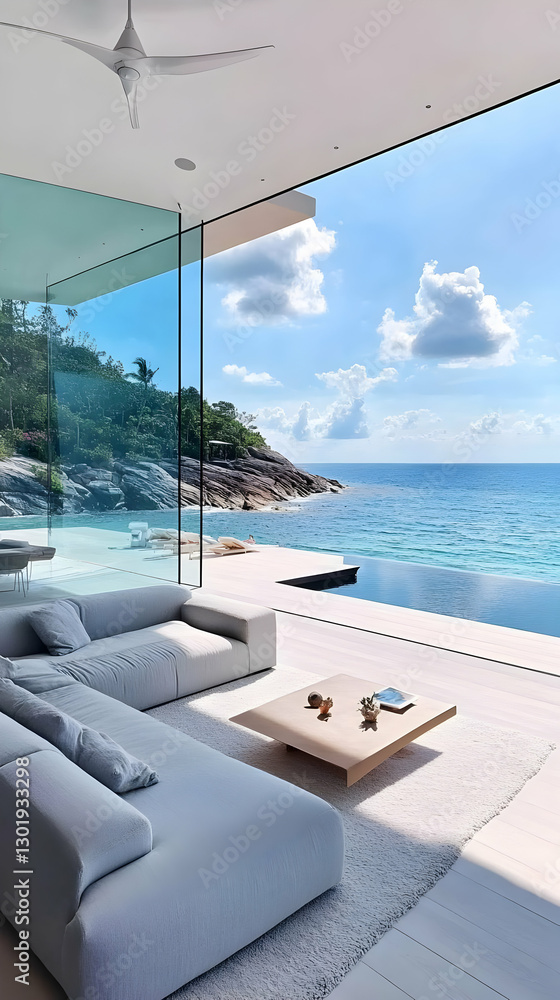Fototapeta premium Photo: Coastal Luxury Living Room, Ocean View, Infinity Pool