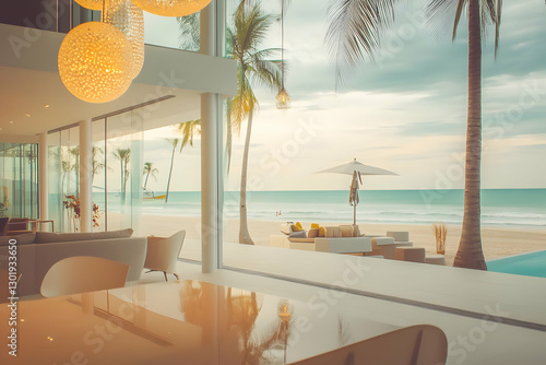Photo Tropical Beach House Interior Ocean View Sunset Palm Trees
