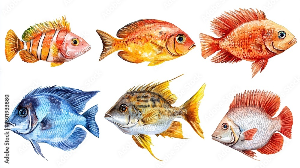 Fototapeta premium Colorful watercolor tropical fish illustration set