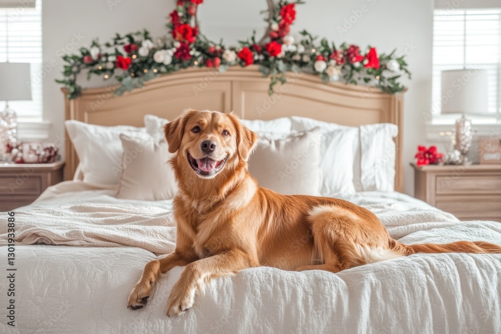 Golden Retriever dog on bed in Christmas decorated bedroom.