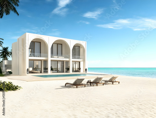 3D Beach House, Ocean, Vacation, Travel, Summer, Luxury, Pool, Architecture, Design, Relaxation Illustration