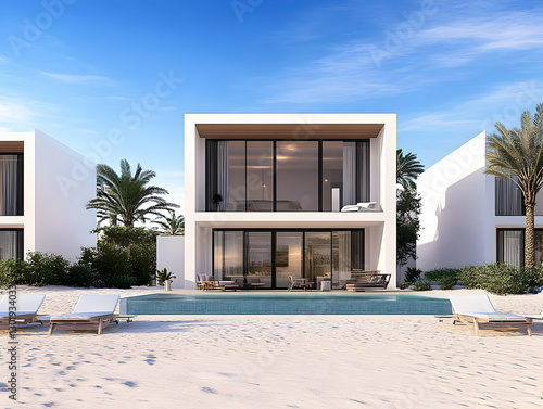 3D Illustration White Villa, Pool, Beach, Palm Trees, Modern, Luxury, Vacation, Relaxation
