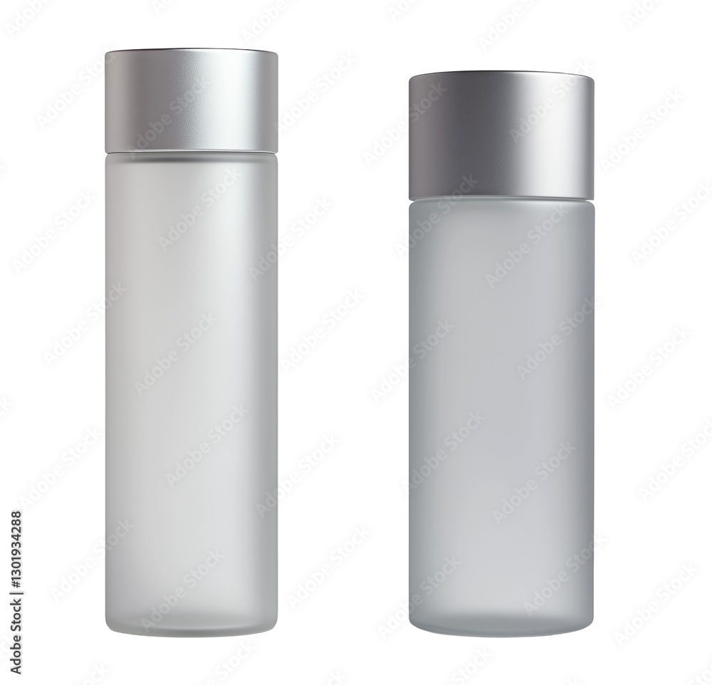 Frosted Cosmetic Glass Bottles with Silver Caps on Transparent Background Frosted Cosmetic Glass Bottles with Silver Caps on Transparent Background