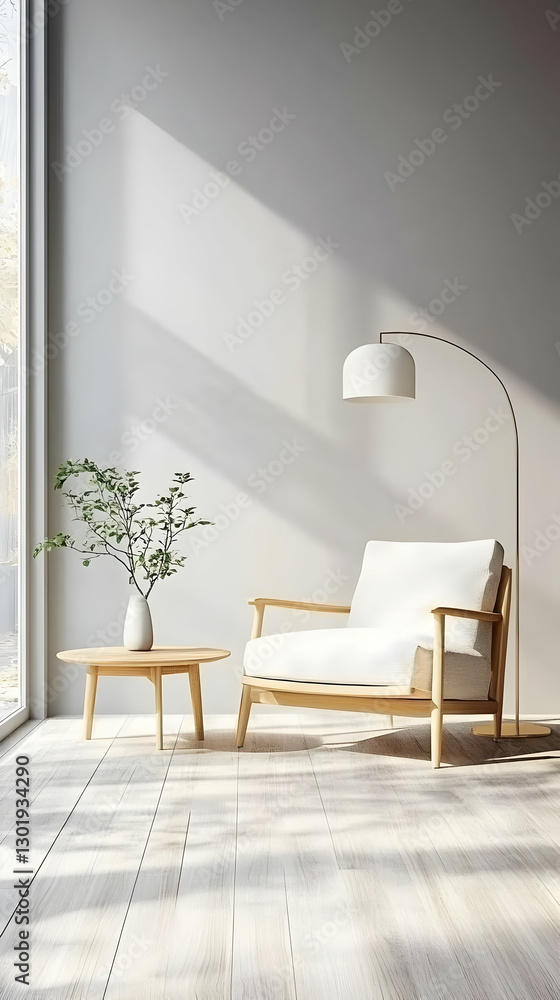 Fototapeta premium 3D Illustration Minimalist Interior Design Room Chair Plant Lamp Table Wood Floor