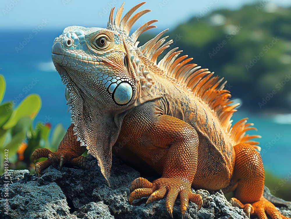 Obraz premium Iguana basking, coastal rock, Caribbean island, ocean view, wildlife