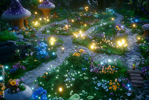 Isometric View Battle Map Forest Trail with Glowing Flowers Mushrooms and Stone Paths in Digital Illustration Style