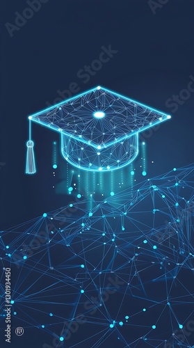 Futuristic digital graduation cap made of glowing blue network connections, symbolizing online education, e-learning, virtual learning, artificial intelligence, and academic technology

