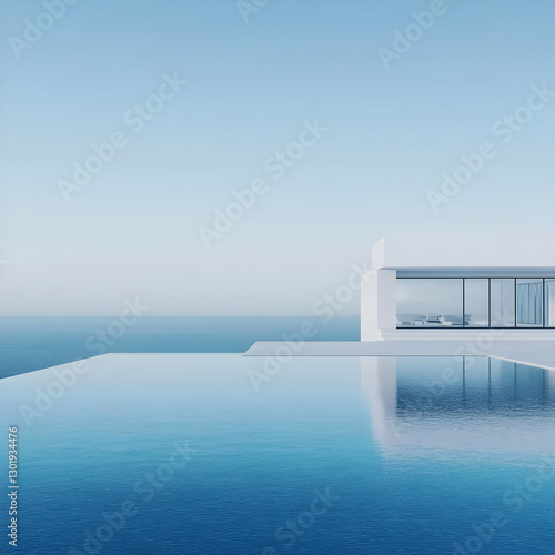 3D Illustration Minimalist Ocean View Infinity Pool, Sky, Sea, Architecture