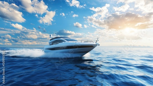 Luxury yacht speeding on ocean at sunset.