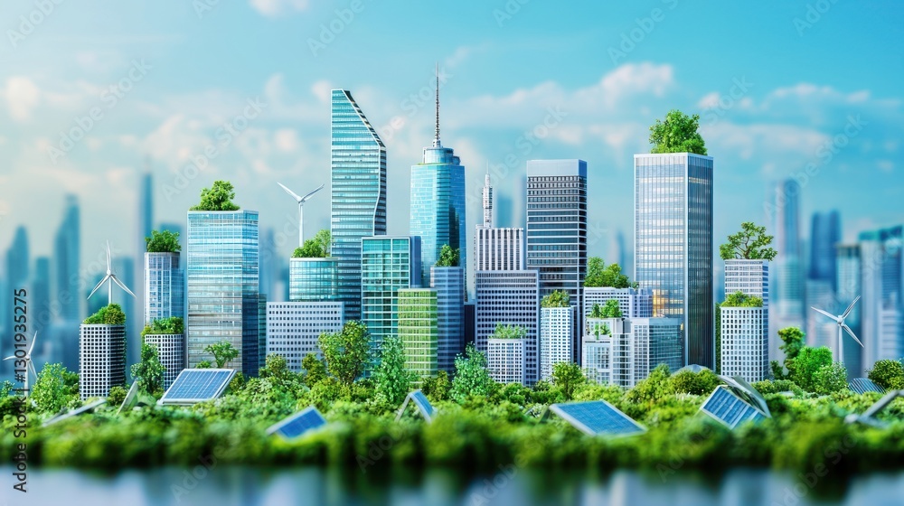 Eco-friendly city skyline with green buildings and renewable energy. Eco-friendly city skyline with green buildings and renewable energy.