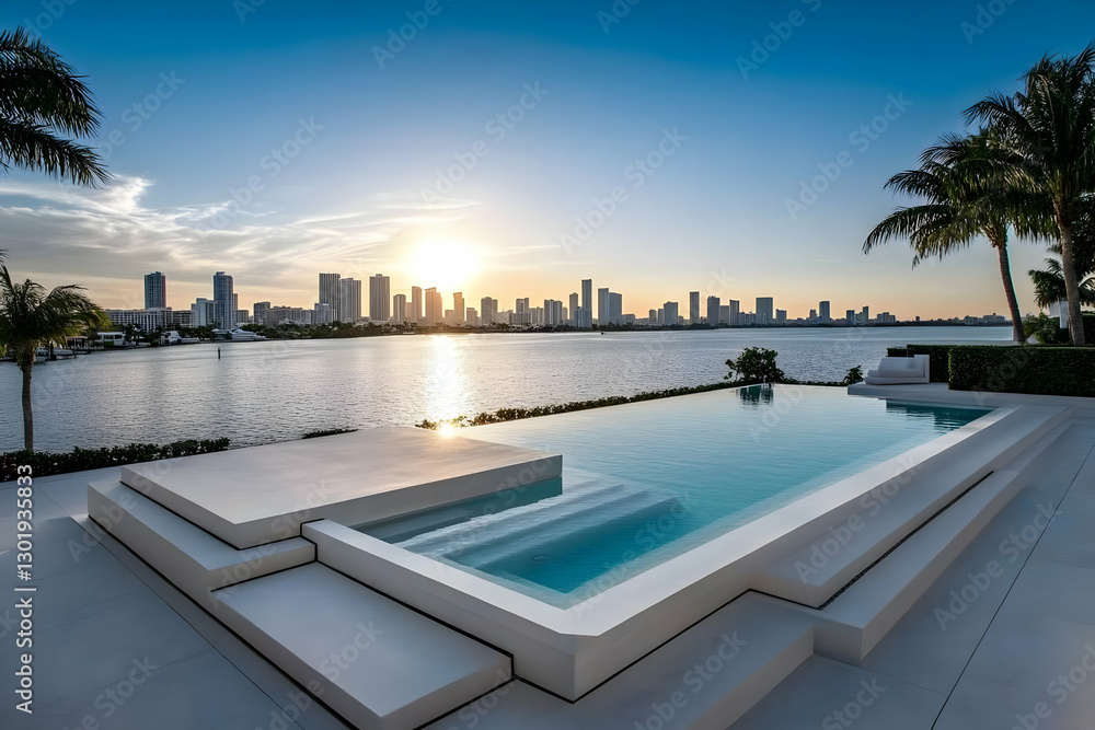 Fototapeta premium Photo Modern Infinity Pool Sunset Cityscape Palm Trees Luxury Waterfront