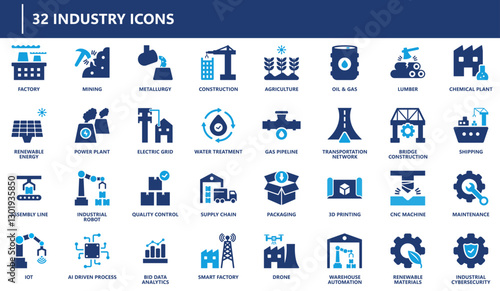 Industry icons collection featuring factory, mining, renewable energy, automation, supply chain, AI-driven processes, power plant, construction, and cybersecurity.