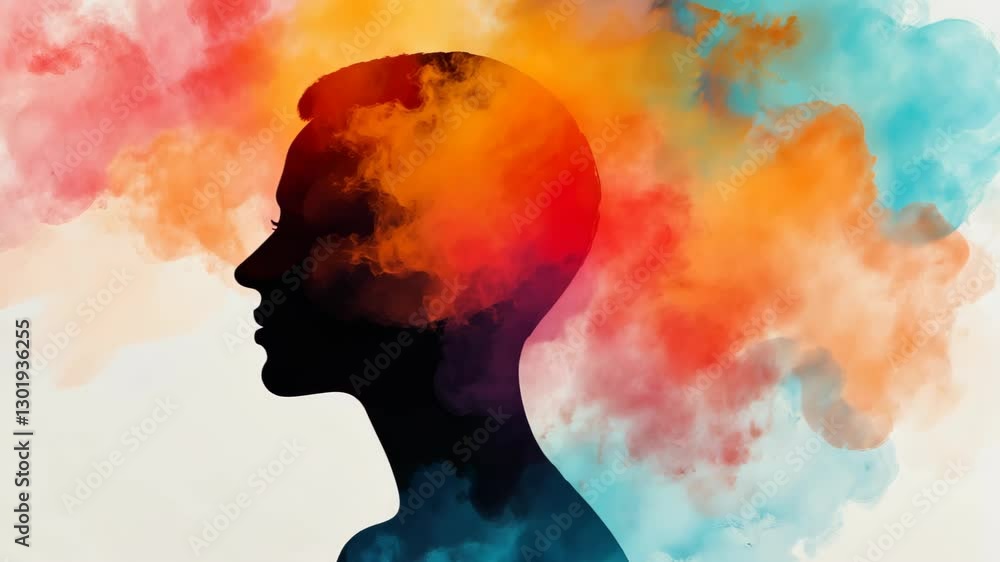 Silhouette of a person with colorful abstract clouds blending into their head on a soft light background. Artistic and conceptual digital illustration with a focus on creativity and imagination. Silhouette of a person with colorful abstract clouds blending into their head on a soft light background. Artistic and conceptual digital illustration with a focus on creativity and imagination.