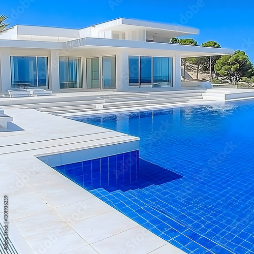 Photo Modern White Villa, Blue Pool, Luxury, Summer