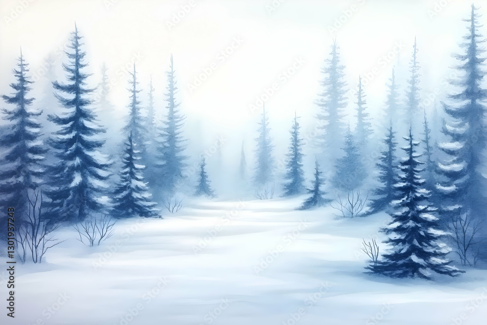 Fototapeta premium Illustration Winter Wonderland Snowy Forest Trees Scenic