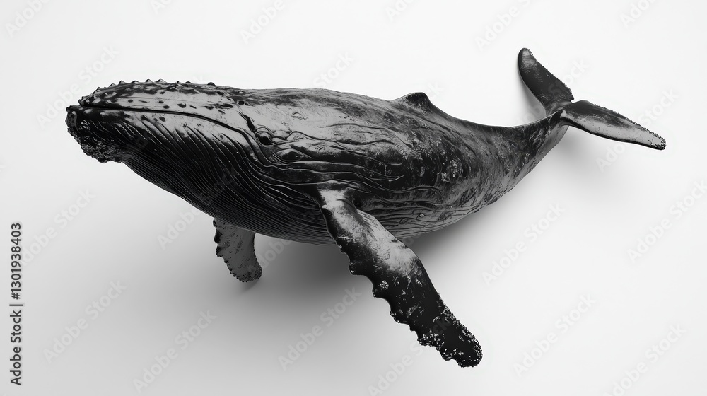 Obraz premium A captivating black-and-white metal sculpture of a humpback whale with a rugged texture, elegantly arched to its left, showcasing intricate details in shadowed light