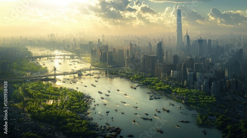 Breathtaking future metropolis with towering skyscrapers beside lush greenery, all bisected by a shimmering river under a vibrant sky photo