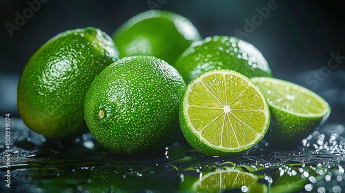 Fresh Green Citrus Lime Fruit with Visible Water Drops, Top View