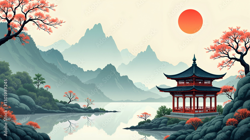 Obraz premium Guochao-Style Serene Mountain Pavilion