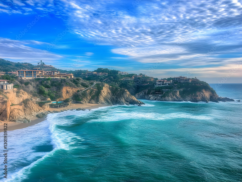 Obraz premium Photo - Coastal Cliffs, Ocean Waves, Blue Sky, Clouds, Beach, Houses, Nature, Landscape, Scenic, Travel
