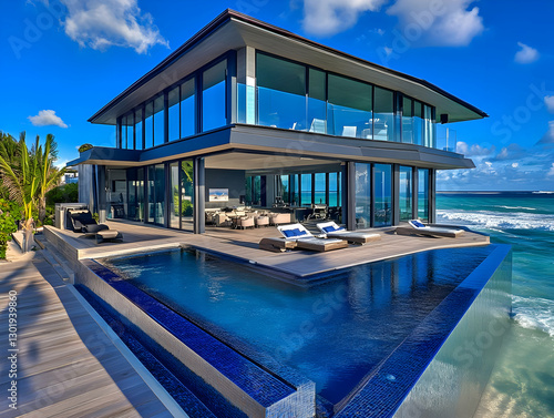 Photo Modern Luxury Beach House Ocean View Infinity Pool Architecture Design